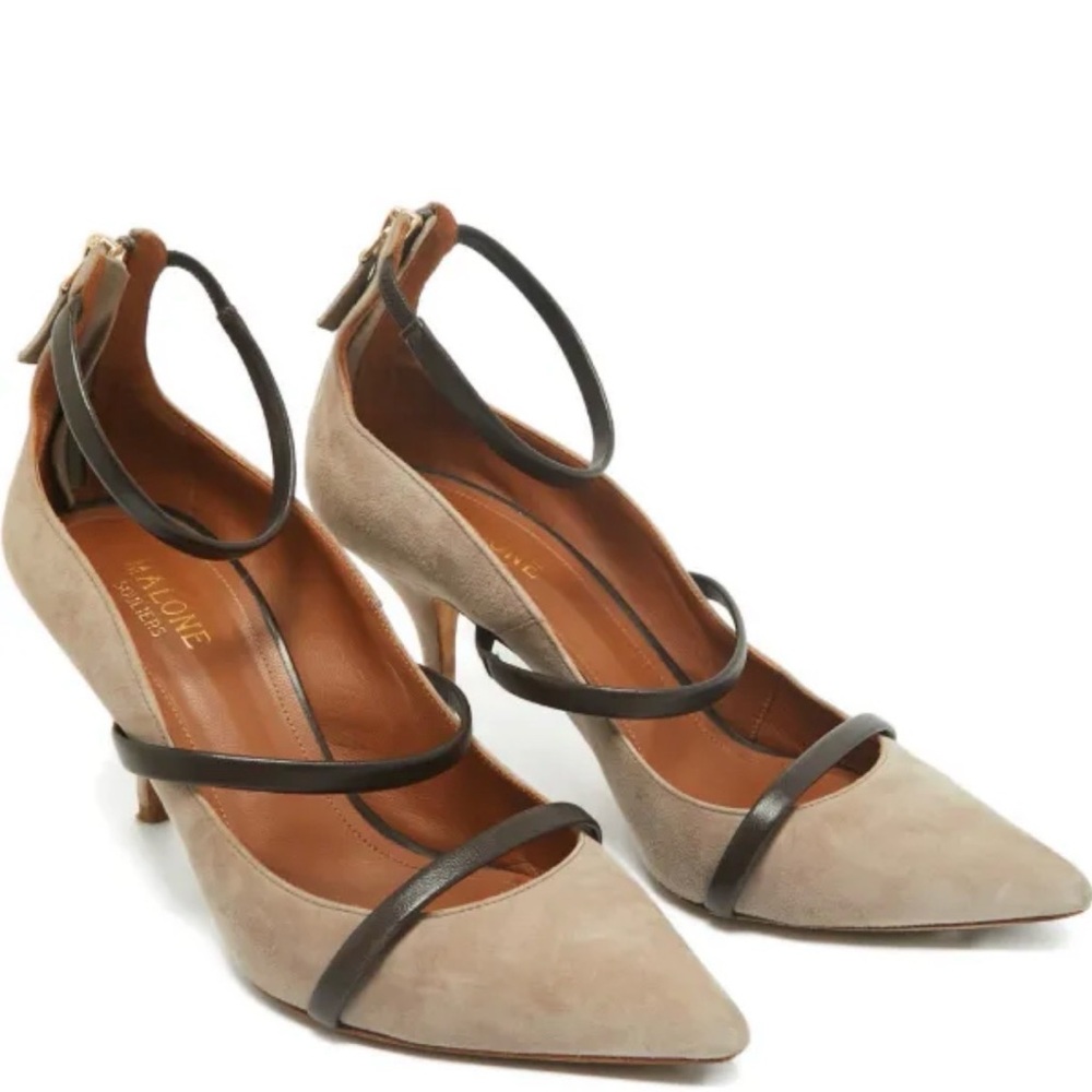 NWOT Malone Souliers Robyn Ankle Strap Pump- Grey suede + brown leather sz 8.5